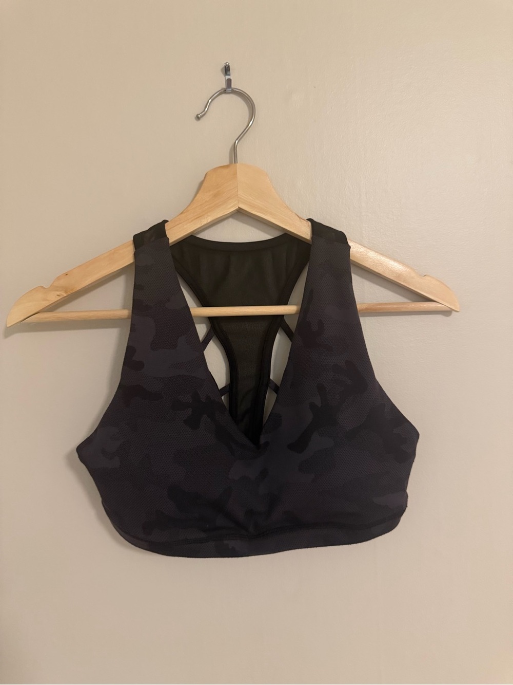 P'tula Charcoal Camo V-Neck Sports Bra with Mesh Back